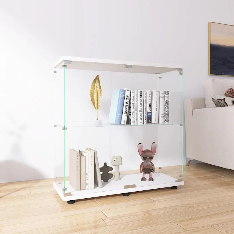 Vitrine à deux portes en verre et 2 étagères, bibliothèque vitrée sur pied pour salon, chambre ou bureau