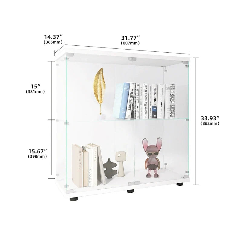 Vitrine à deux portes en verre et 2 étagères, bibliothèque vitrée sur pied pour salon, chambre ou bureau