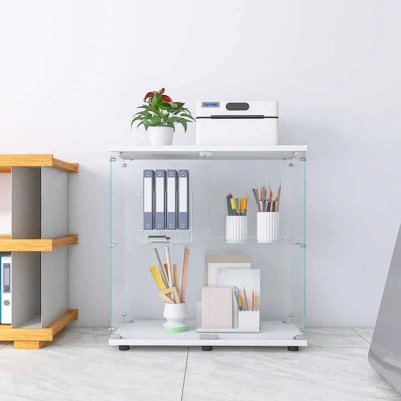 Vitrine à deux portes en verre et 2 étagères, bibliothèque vitrée sur pied pour salon, chambre ou bureau