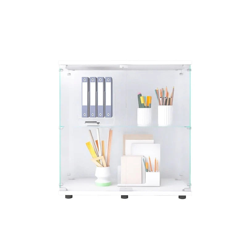 Vitrine à deux portes en verre et 2 étagères, bibliothèque vitrée sur pied pour salon, chambre ou bureau