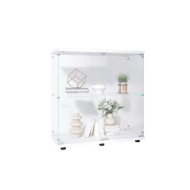 Vitrine à deux portes en verre et 2 étagères, bibliothèque vitrée sur pied pour salon, chambre ou bureau