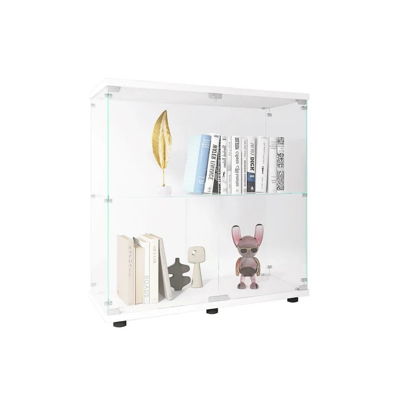 Vitrine à deux portes en verre et 2 étagères, bibliothèque vitrée sur pied pour salon, chambre ou bureau