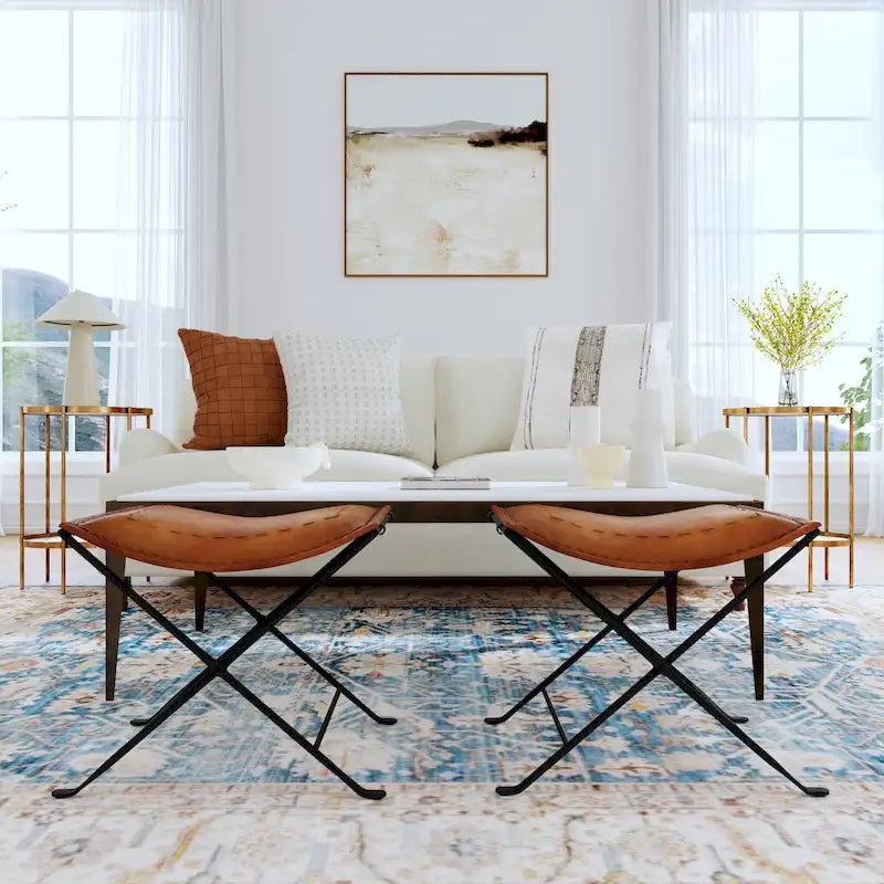 Tabourets d’appoint pliants en cuir, repose-pieds banc avec cadre métallique en X, pouf décoratif pour salon
