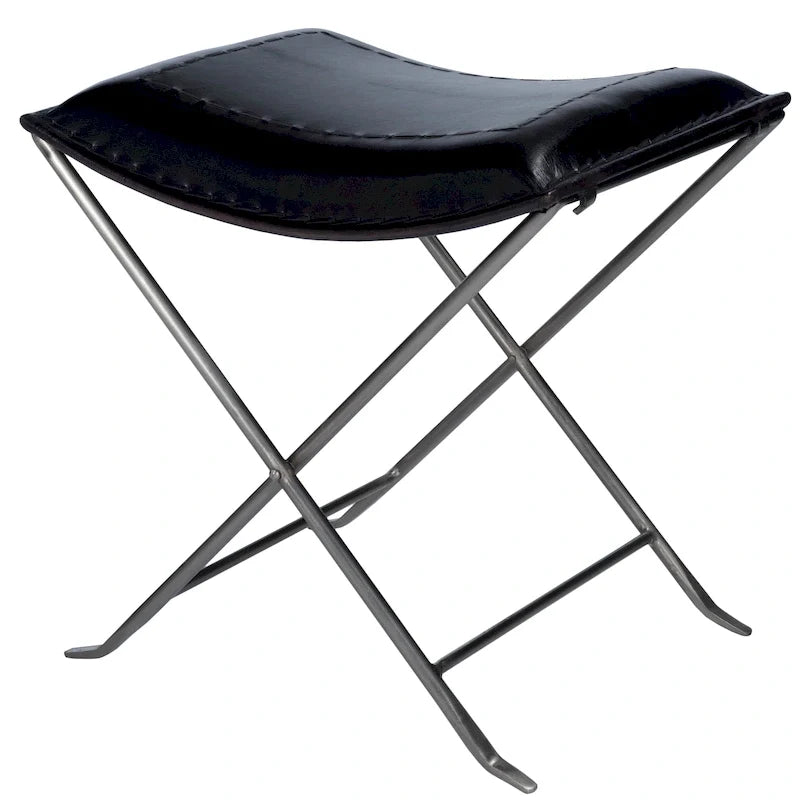 Folding Leather Accent Stools, X Metal Frame Footrest Bench, Decorative Ottoman for Living Room