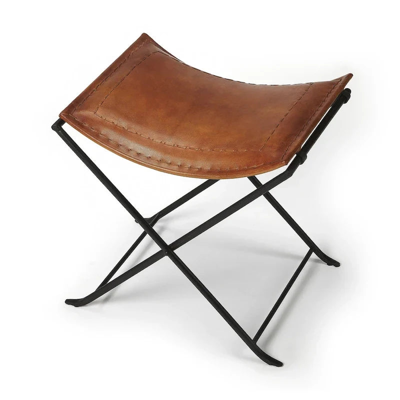 Tabourets d’appoint pliants en cuir, repose-pieds banc avec cadre métallique en X, pouf décoratif pour salon