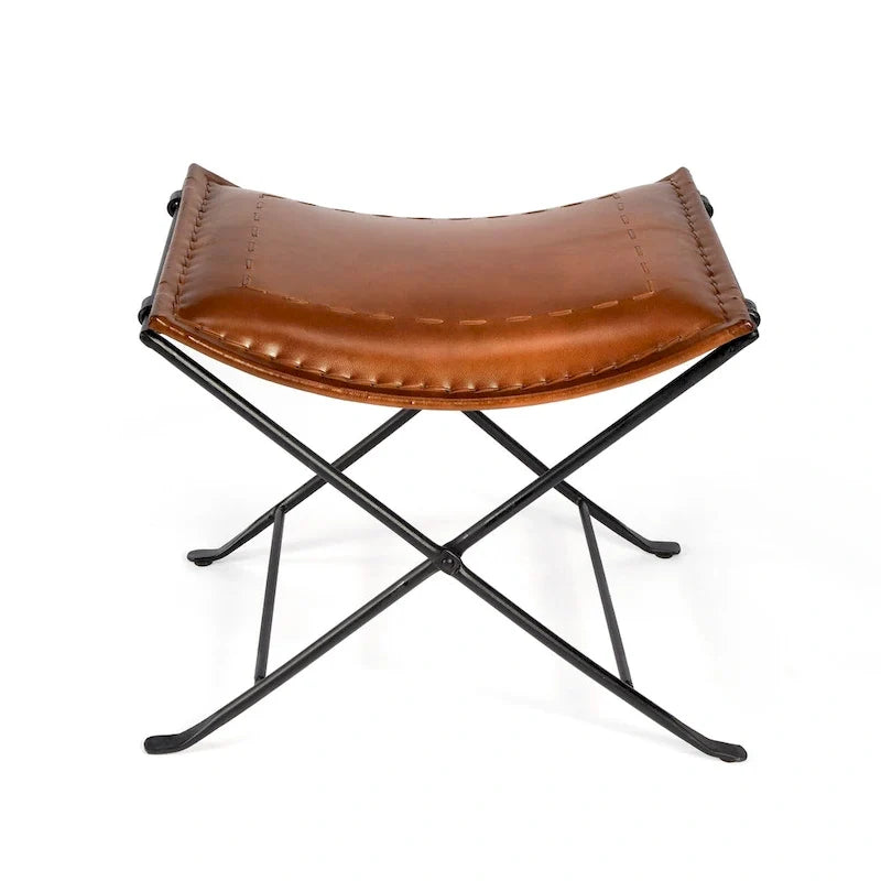 Tabourets d’appoint pliants en cuir, repose-pieds banc avec cadre métallique en X, pouf décoratif pour salon