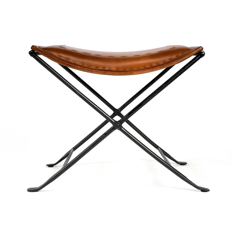 Tabourets d’appoint pliants en cuir, repose-pieds banc avec cadre métallique en X, pouf décoratif pour salon