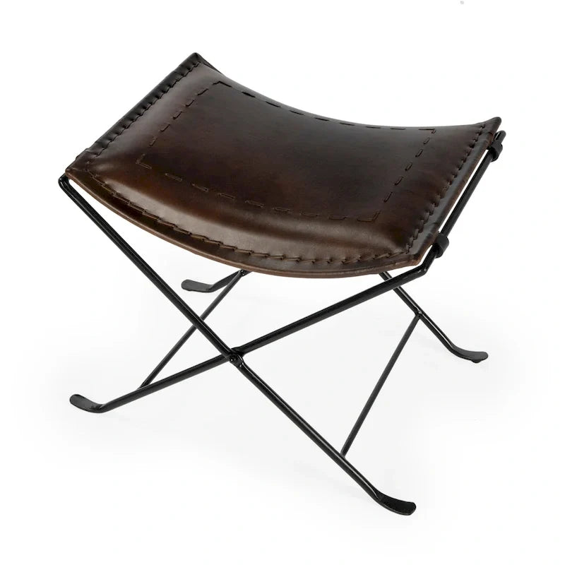 Tabourets d’appoint pliants en cuir, repose-pieds banc avec cadre métallique en X, pouf décoratif pour salon