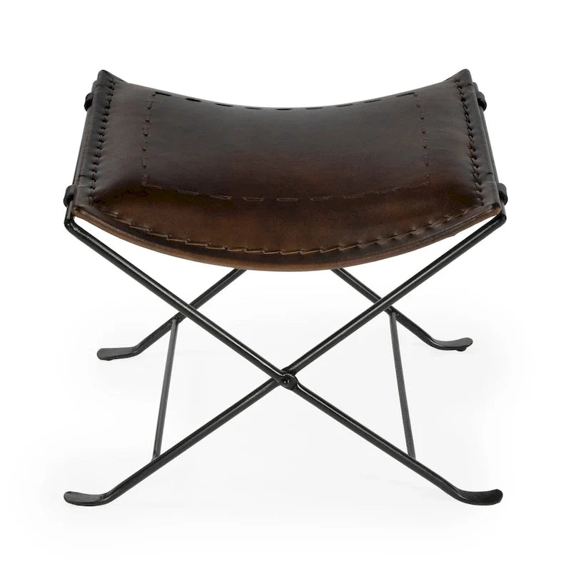 Tabourets d’appoint pliants en cuir, repose-pieds banc avec cadre métallique en X, pouf décoratif pour salon