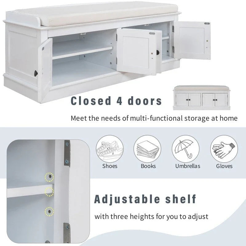 Entrance living room storage stool with removable mat and locker, 4 doors and adjustable shelves