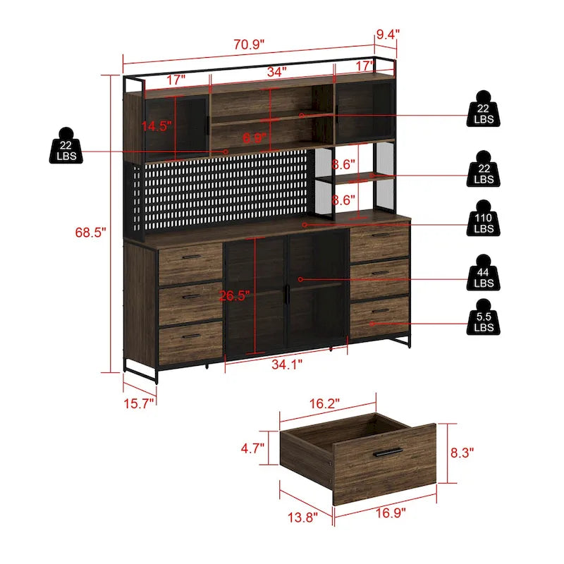 Despensa de cocina de 70.9W con armario y soporte para microondas