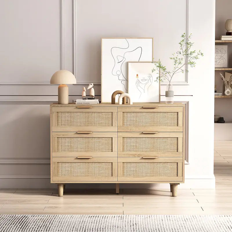 6 Drawers Rattan Storage Cabinet Rattan Drawer,for Bedroom,Living Room,Wood Color