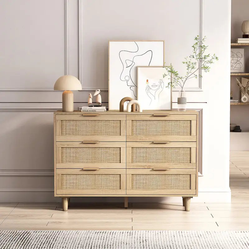 6 Drawers Rattan Storage Cabinet Rattan Drawer,for Bedroom,Living Room,Wood Color