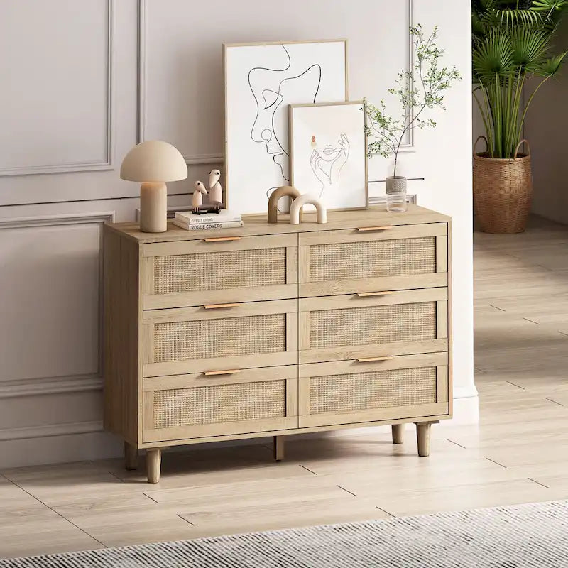 Armoire de rangement en rotin à 6 tiroirs, tiroir en rotin, pour chambre, salon, couleur bois