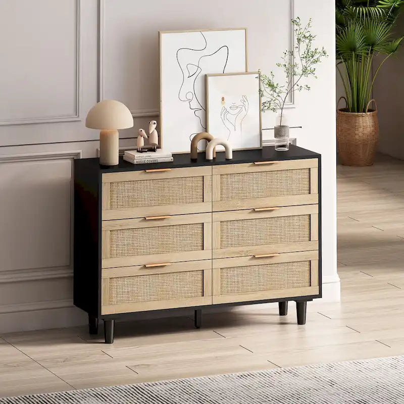 Armoire de rangement en rotin à 6 tiroirs, tiroir en rotin, pour chambre, salon, couleur bois