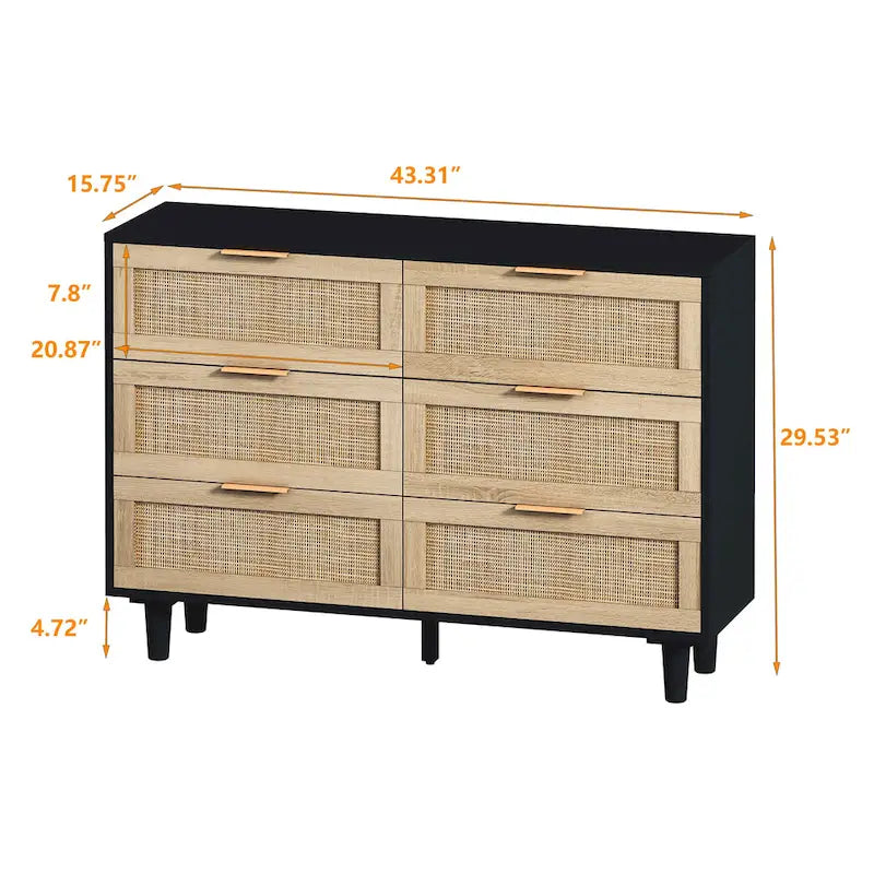 Armoire de rangement en rotin à 6 tiroirs, tiroir en rotin, pour chambre, salon, couleur bois