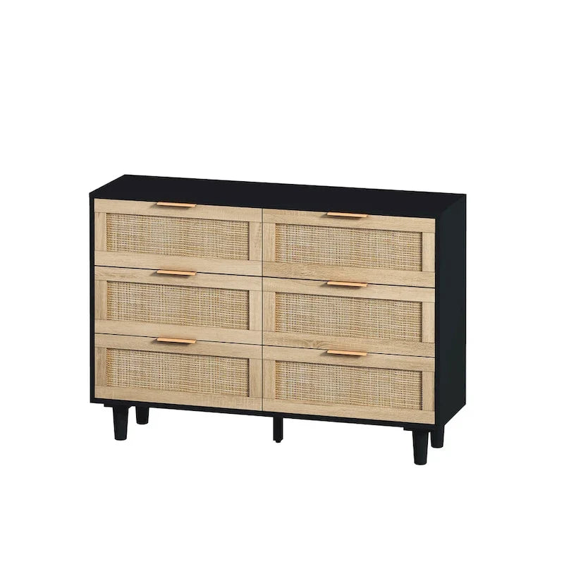 Armoire de rangement en rotin à 6 tiroirs, tiroir en rotin, pour chambre, salon, couleur bois