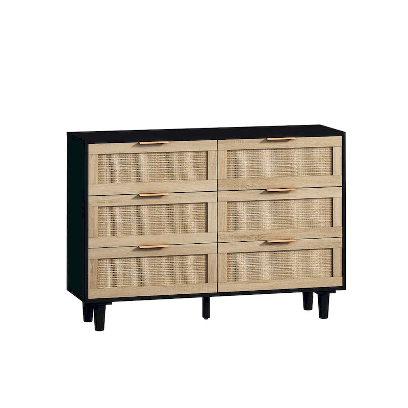 Armoire de rangement en rotin à 6 tiroirs, tiroir en rotin, pour chambre, salon, couleur bois