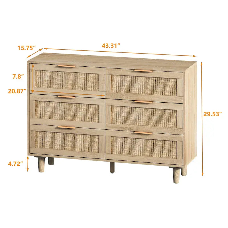 Armoire de rangement en rotin à 6 tiroirs, tiroir en rotin, pour chambre, salon, couleur bois