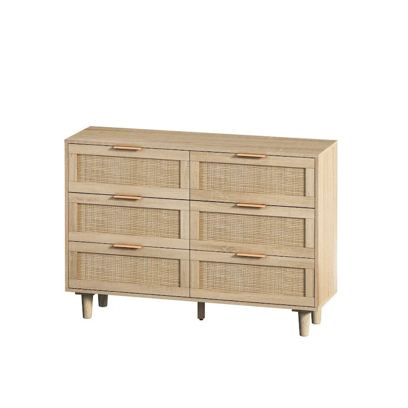 Armoire de rangement en rotin à 6 tiroirs, tiroir en rotin, pour chambre, salon, couleur bois