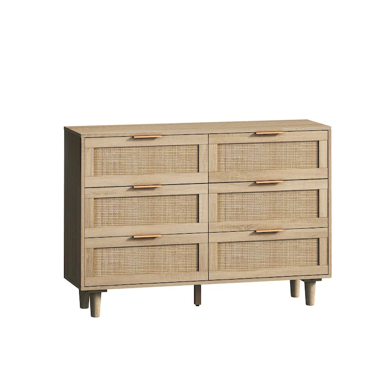 Armoire de rangement en rotin à 6 tiroirs, tiroir en rotin, pour chambre, salon, couleur bois