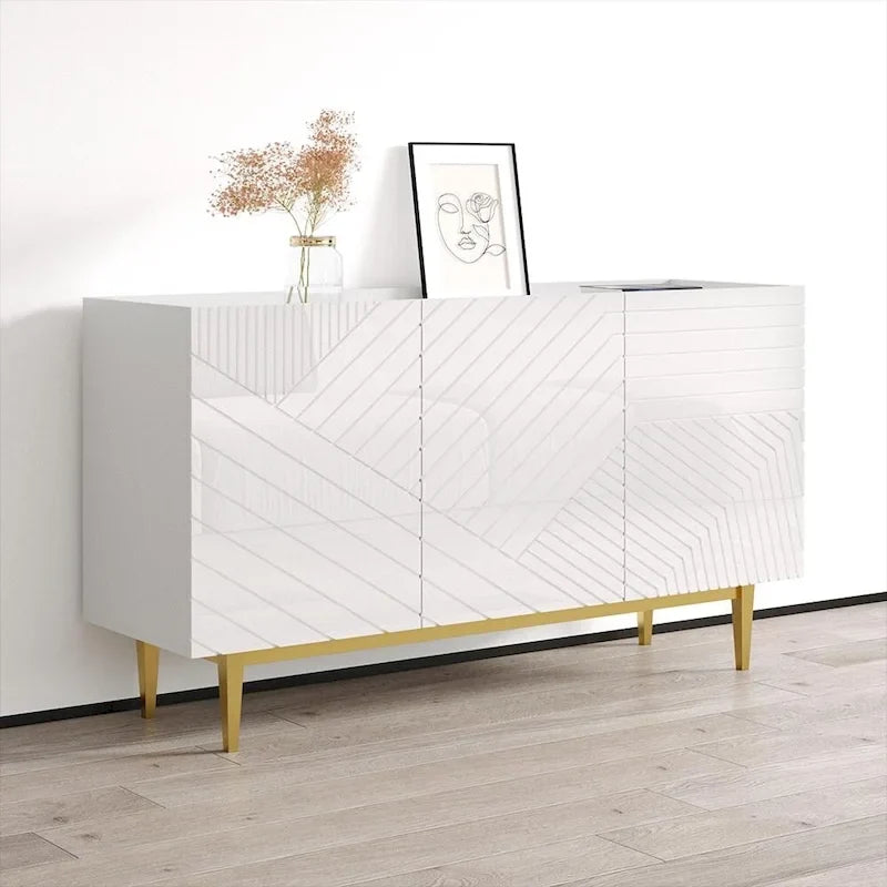 White Textured Gold Leg Sideboard Credenza