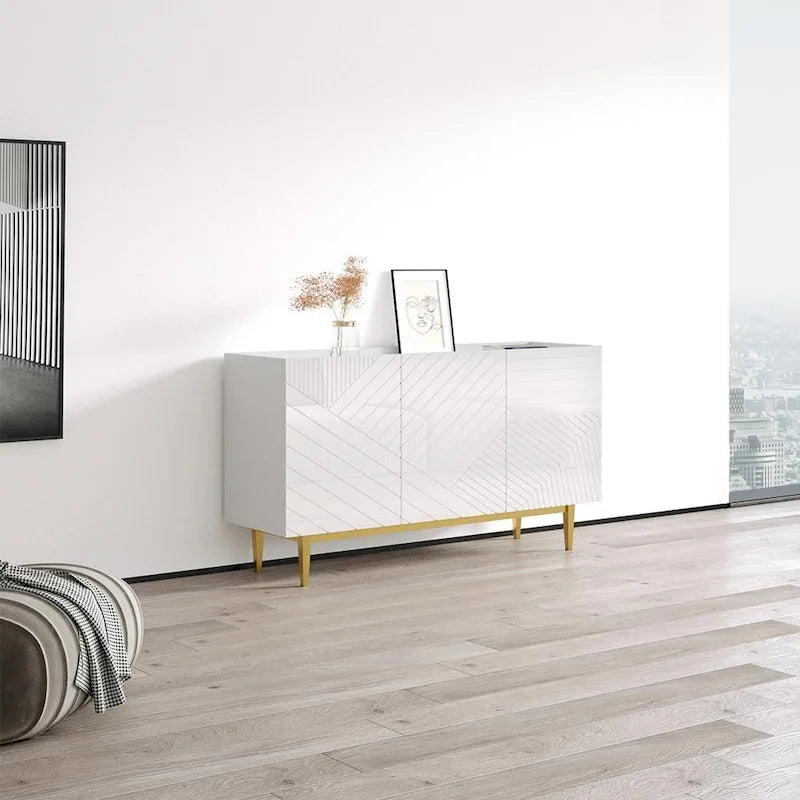 White Textured Gold Leg Sideboard Credenza