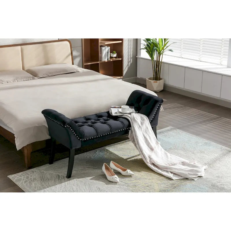 Tufted Velvet Accent Bench with Rubberwood Legs