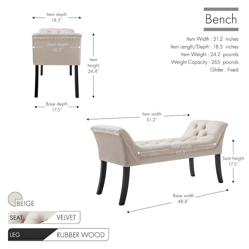 Tufted Velvet Accent Bench with Rubberwood Legs