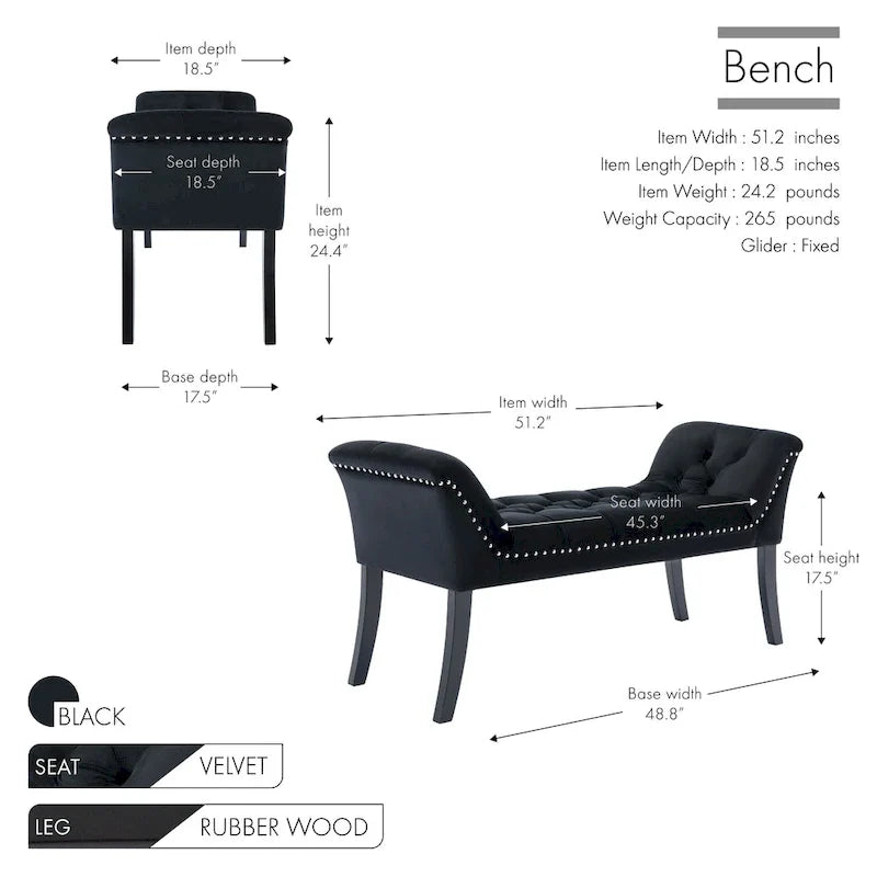 Tufted Velvet Accent Bench with Rubberwood Legs
