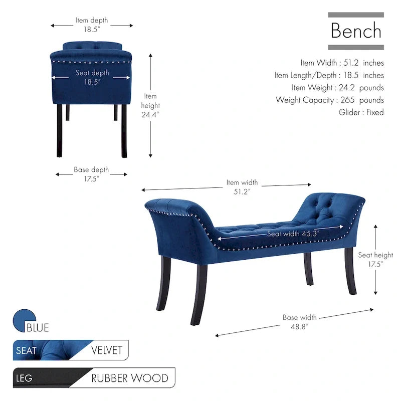 Tufted Velvet Accent Bench with Rubberwood Legs