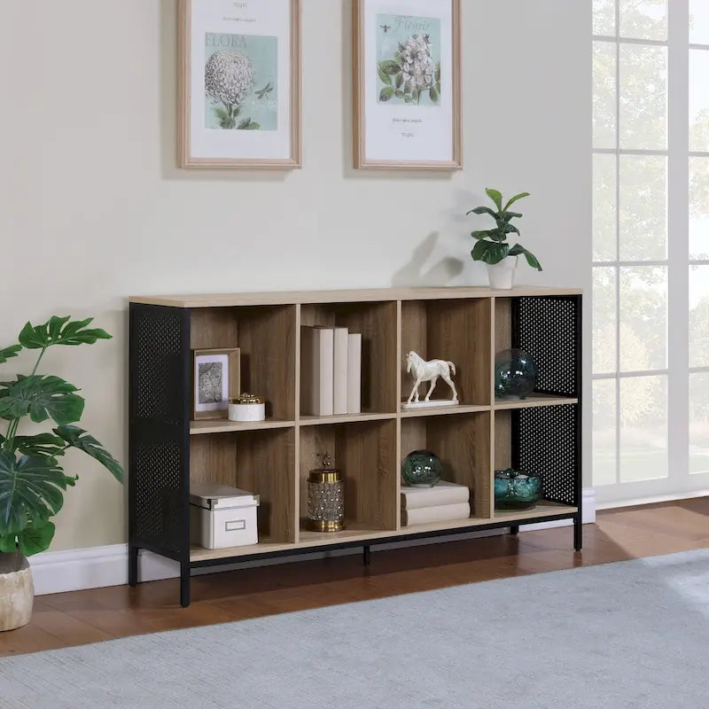 8-Cube Open Bookshelf, Industrial Wood & Metal Storage Cubby Unit, Console Cabinet for Living Room Entryway