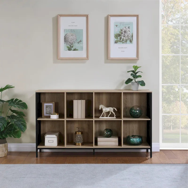 Estantería abierta de 8 cubos, unidad de almacenamiento industrial de madera y metal, mueble consola para sala de estar o recibidor