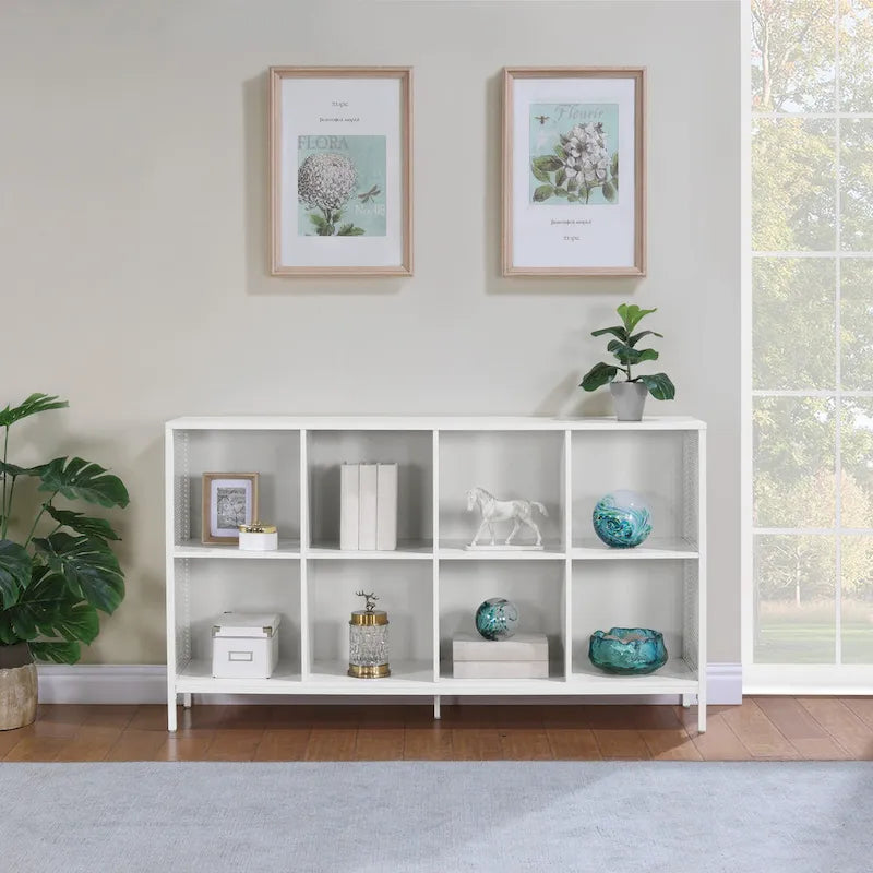 Estantería abierta de 8 cubos, unidad de almacenamiento industrial de madera y metal, mueble consola para sala de estar o recibidor