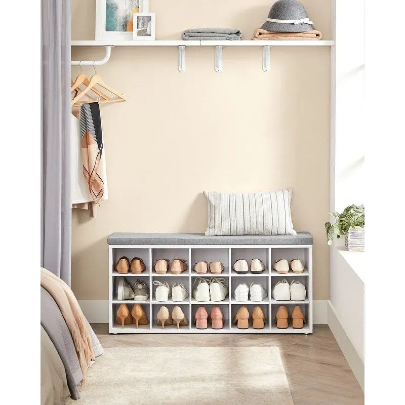 Banc à chaussures en bois avec coussin, rangement à 15 compartiments