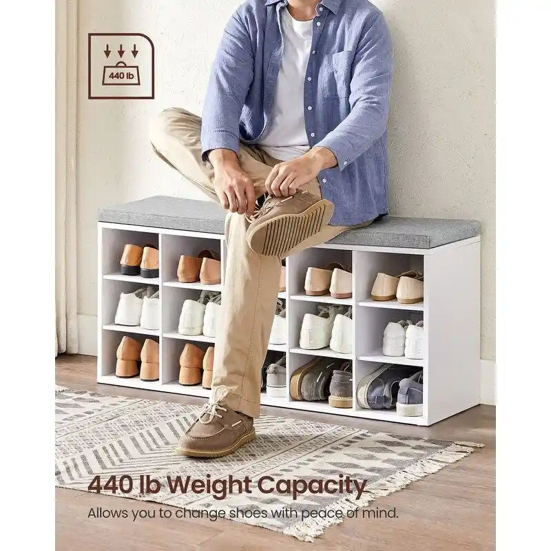 Wood Shoe Bench with Cushion, 15-Compartment Storage Organizer