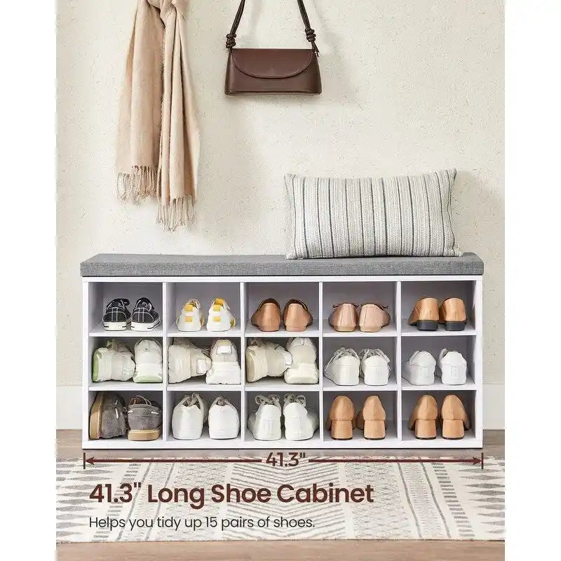 Banc à chaussures en bois avec coussin, rangement à 15 compartiments
