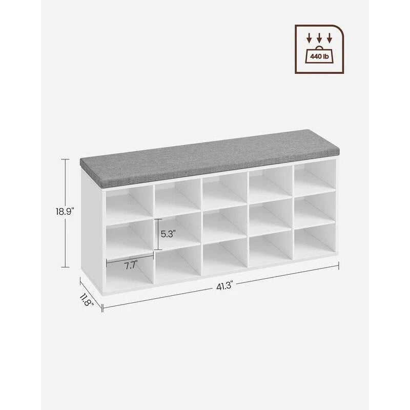 Banc à chaussures en bois avec coussin, rangement à 15 compartiments