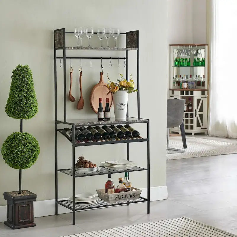 Black Marble Bakers Rack - Microwave Stand for Kitchen with Wine Bottle Capacity & Hooks -Black