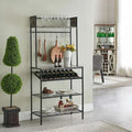 Black Marble Bakers Rack - Microwave Stand for Kitchen with Wine Bottle Capacity & Hooks -Black