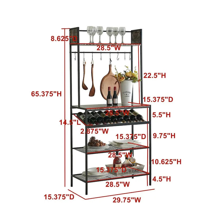 Black Marble Bakers Rack - Microwave Stand for Kitchen with Wine Bottle Capacity & Hooks -Black