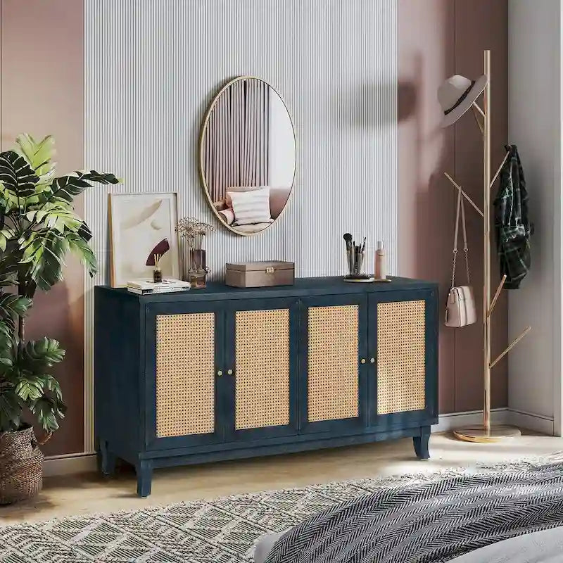 Buffet en rotin, meuble de rangement d’appoint avec 4 portes en rotin