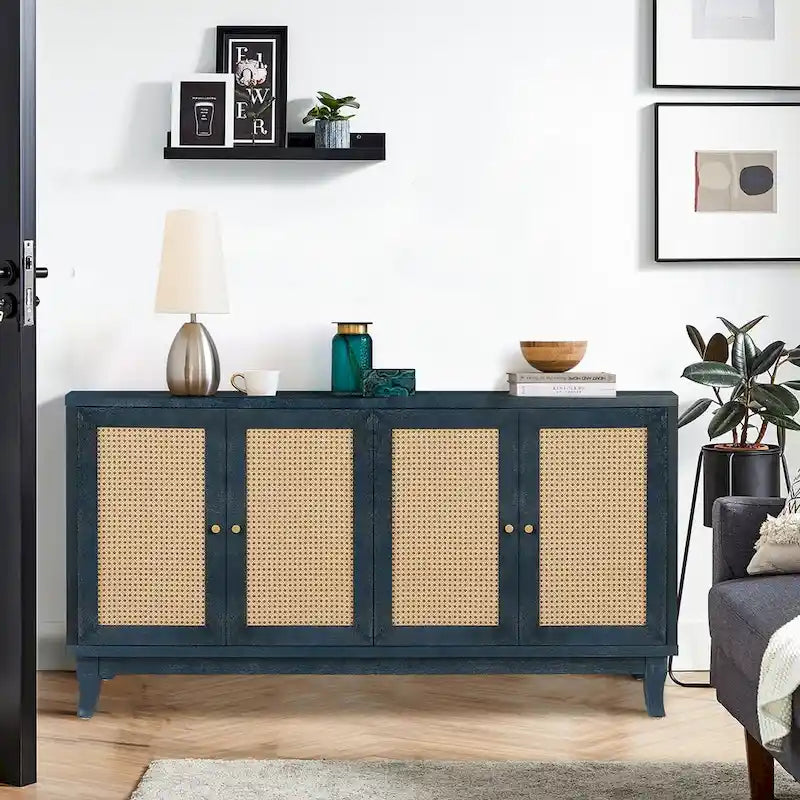 Buffet en rotin, meuble de rangement d’appoint avec 4 portes en rotin