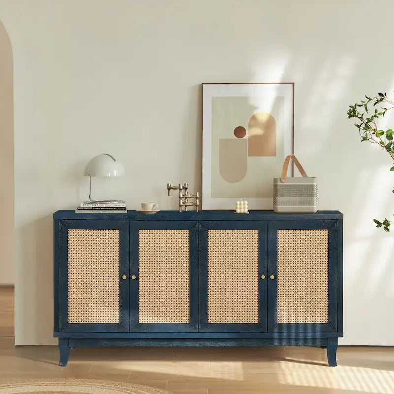 Buffet en rotin, meuble de rangement d’appoint avec 4 portes en rotin