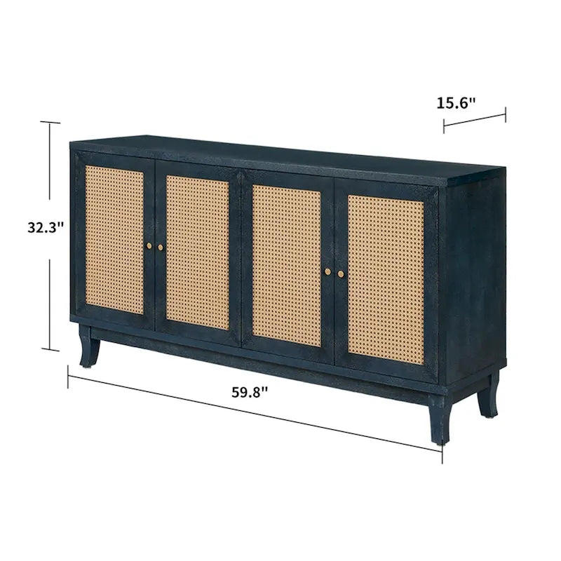 Buffet en rotin, meuble de rangement d’appoint avec 4 portes en rotin