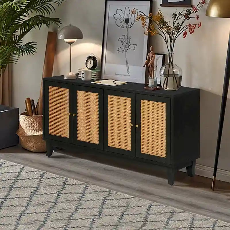 Buffet en rotin, meuble de rangement d’appoint avec 4 portes en rotin