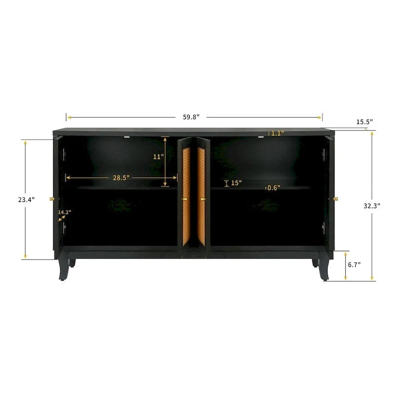 Buffet en rotin, meuble de rangement d’appoint avec 4 portes en rotin