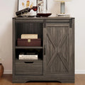 Farmhouse Sliding Barn Door Storage Cabinet, Rustic Wooden Sideboard with Open Shelves for Kitchen, Dining Room