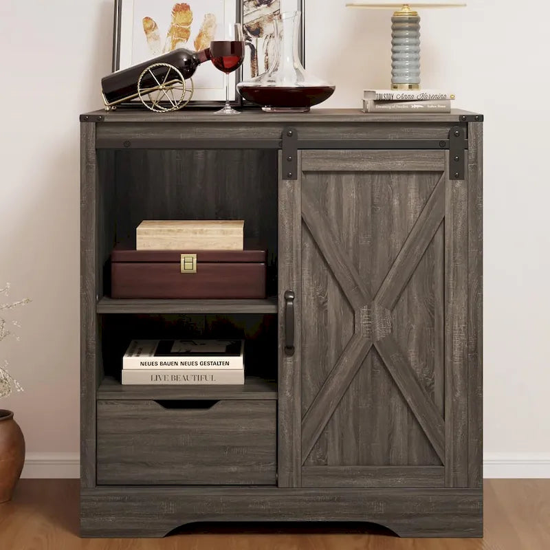 Farmhouse Sliding Barn Door Storage Cabinet, Rustic Wooden Sideboard with Open Shelves for Kitchen, Dining Room