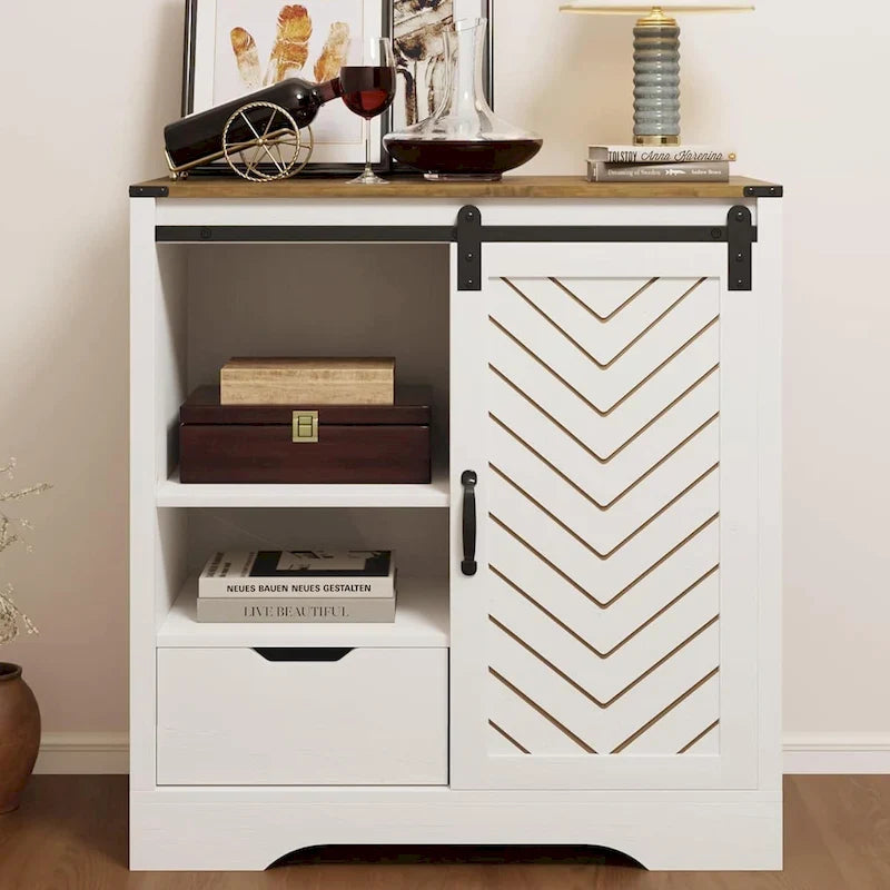 Farmhouse Sliding Barn Door Storage Cabinet, Rustic Wooden Sideboard with Open Shelves for Kitchen, Dining Room